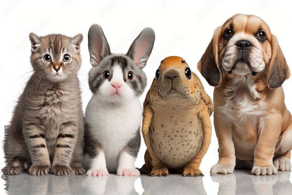 Five cute and funny pets are shown in front of a white background. Generative AI