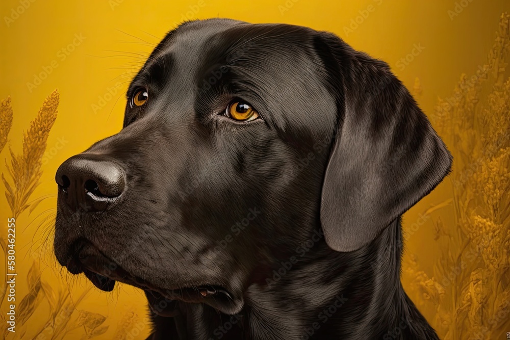 Close up hide black labrador dog Isolated against a yellow background. Generative AI