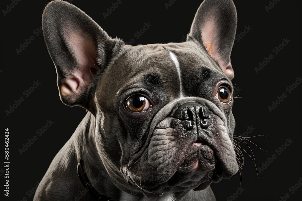 Close up of a 3 year old French Bulldog in front of a gray background. Generative AI