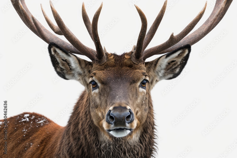 Close up of a male Red deer in front of a white background. Generative AI