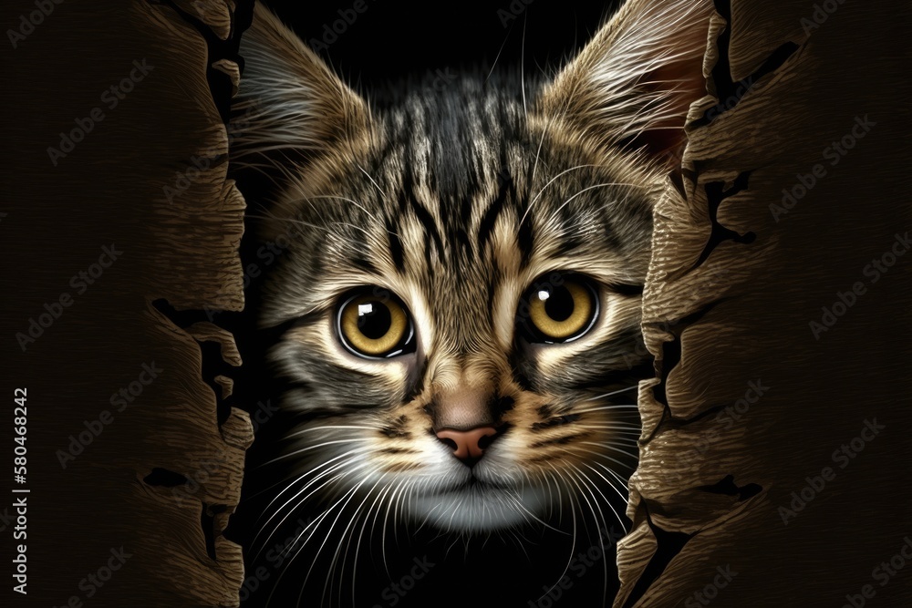 Brown cat peeking at you in a cute way. Curious cat set. Tabby kitten. Generative AI