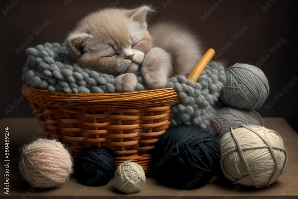 A small, fluffy kitten sleeps in a basket with wool balls and a hugging teddy bear. Generative AI