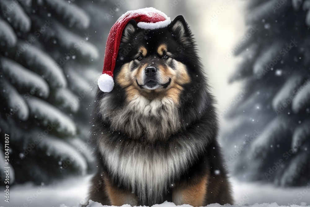 A picture of a Finnish Lapphund dog outside in winter with a Santa hat. Generative AI