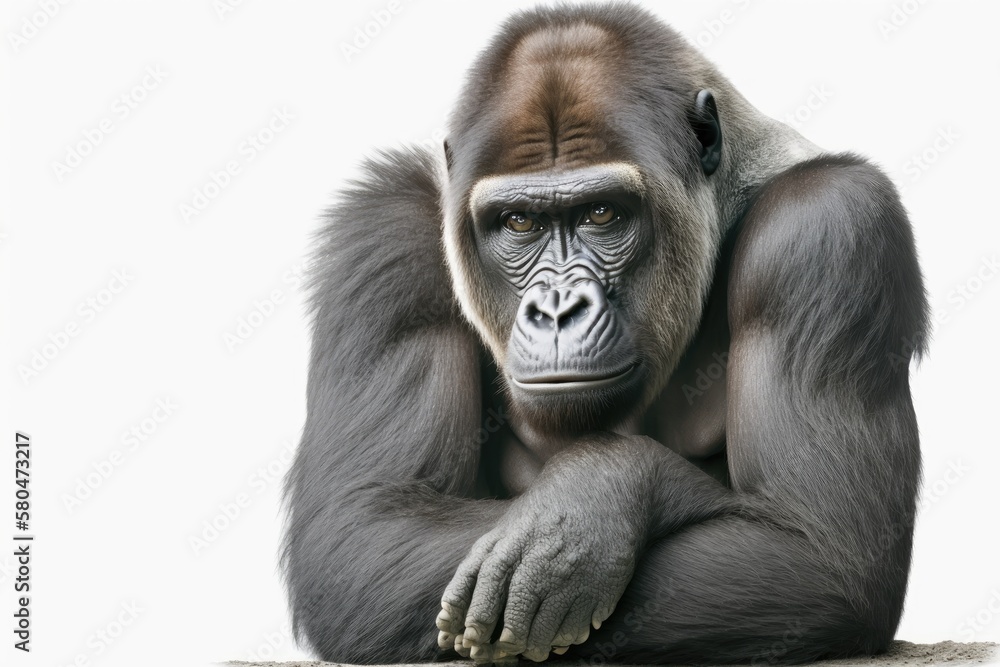 A young Silverback gorilla in front of a white background. Generative AI