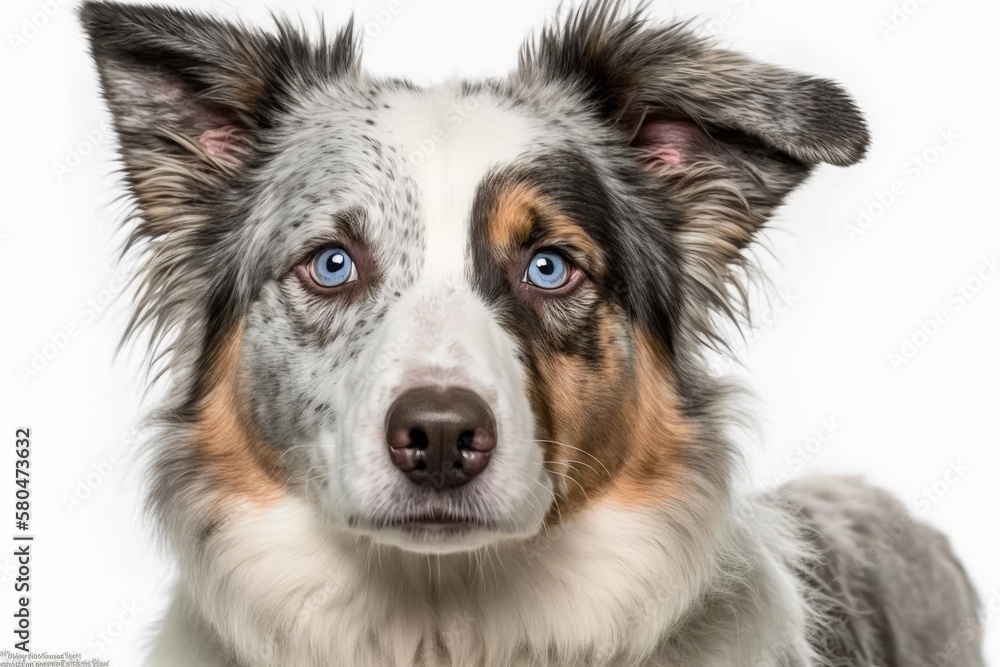 A head shot of a Bleu merle border collie, set against a white background. Generative AI