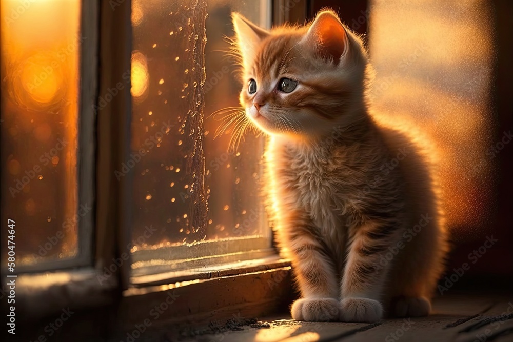 A kitten playing on a window in the early morning sun. Generative AI