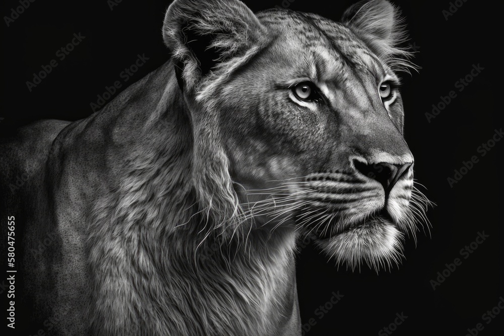 A head only picture of a female African lion on a black background (black and white). Generative AI