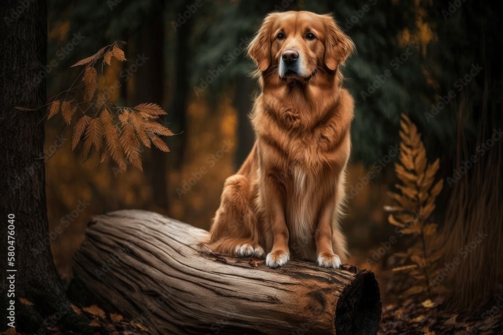 A picture of a beautiful dog in the woods. In the fall, the Golden Retriever stands with its front p