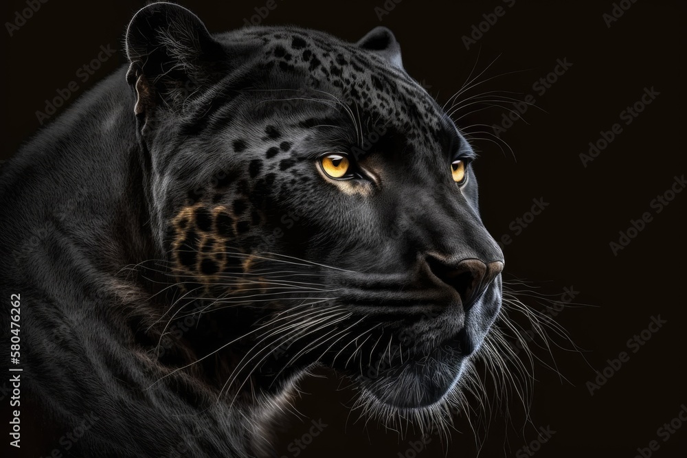 A picture of a black jaguar in front of a black background. Generative AI