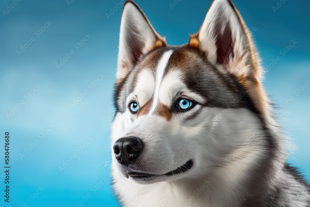 A picture of a beautiful husky dog on a blue background. From the front. Pet Lover concept . Generat