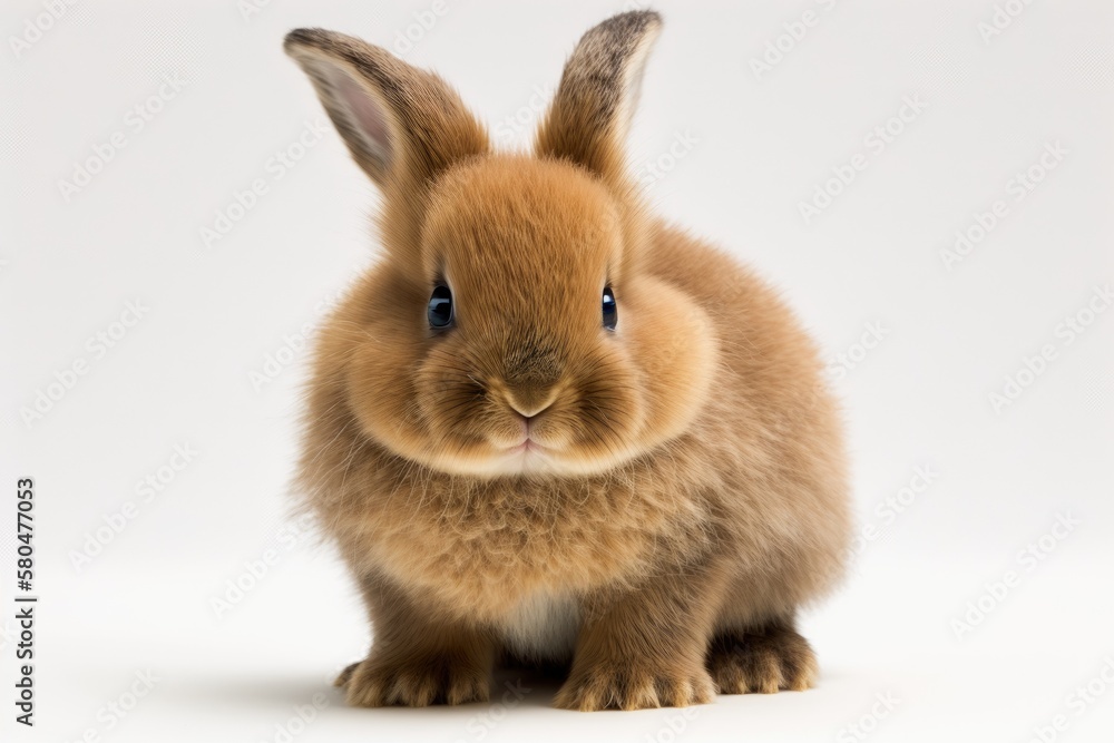 A cute and healthy brown baby Easter bunny standing on two legs against a white background. White ba