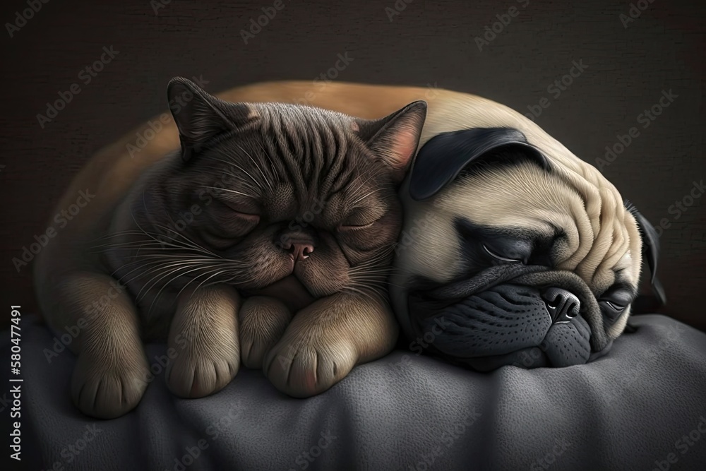 A cute pug and a cute cat are both sleeping on a pillow. Generative AI