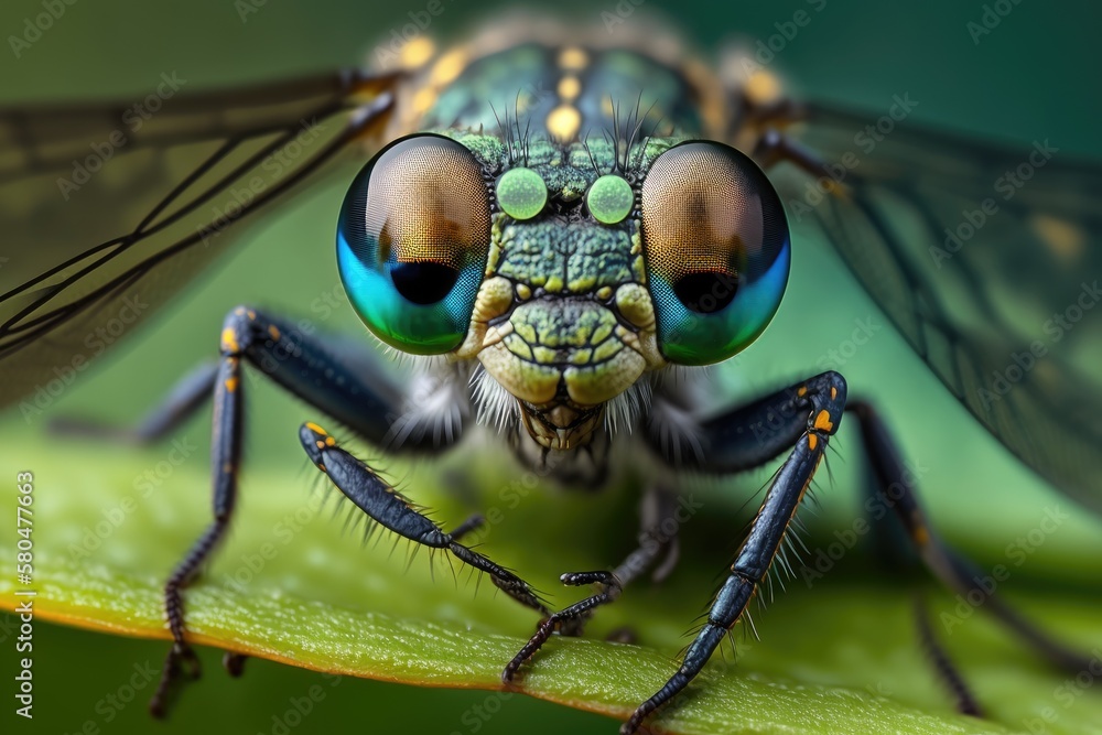 A dragonfly on a leaf makes a cool and funny macro picture. A close up of a dragonfly with big eyes 