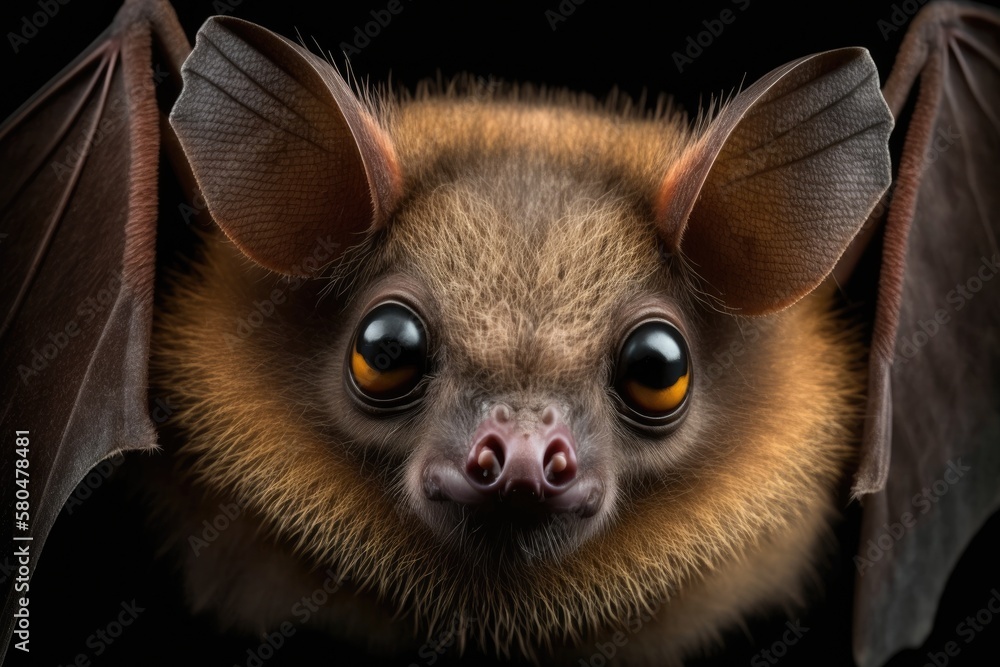 A close up of a beautiful brown bat with big eyes that are hanging upside down on a black background