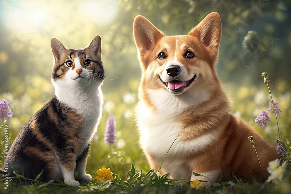 A corgi dog and a tabby cat, two cute fluffy friends, sit together in a sunny spring meadow. Generat