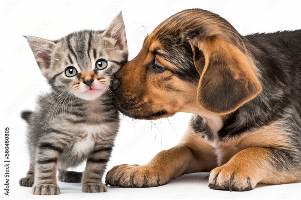 A cute dog kissing a cute tabby kitten on a white background. Generative AI