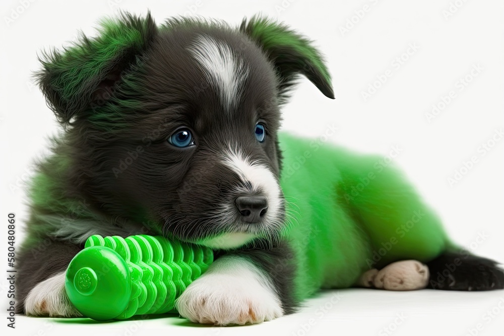 A cute little puppy was lying on the floor and happily chewing on a green plastic toy. A picture on 