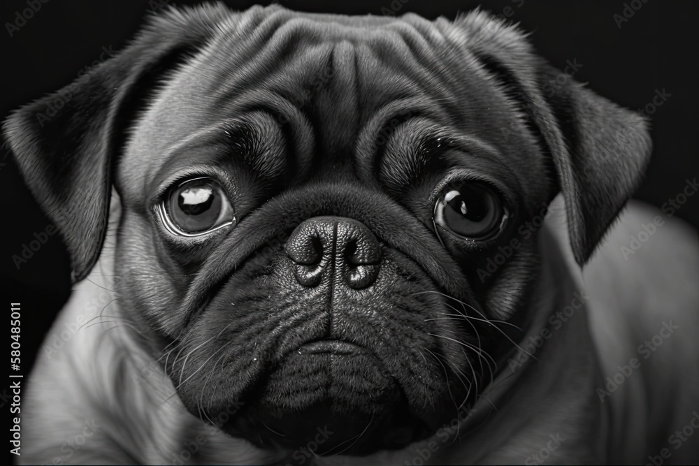 A black and white close up of a pug with big, bulging eyes and a cute frown as it lies in front of t