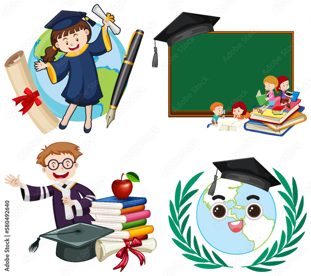 Earth Graduation Cartoon Icons Set