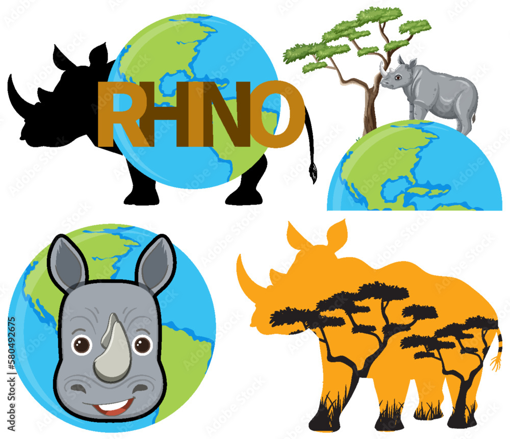 Set of rhinoceros animal icon