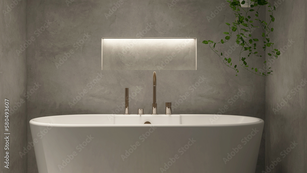 Recessed wall shelf with hidden light in modern, minimal, loft polished concrete wall style bathroom