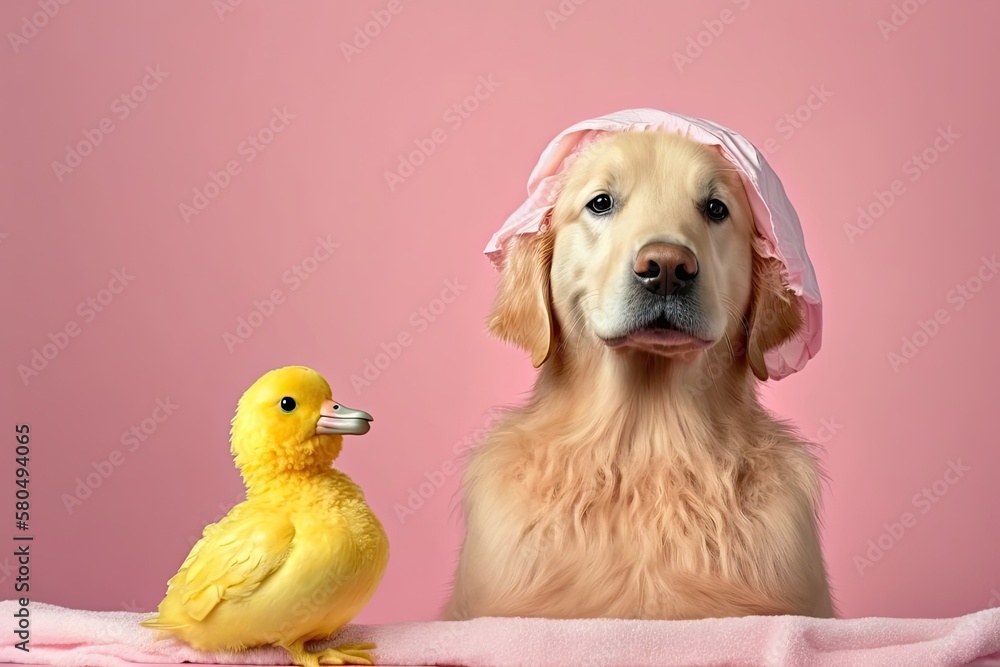 The dog is sitting on a pink background with soap bubbles and a yellow duckling. A golden retriever 