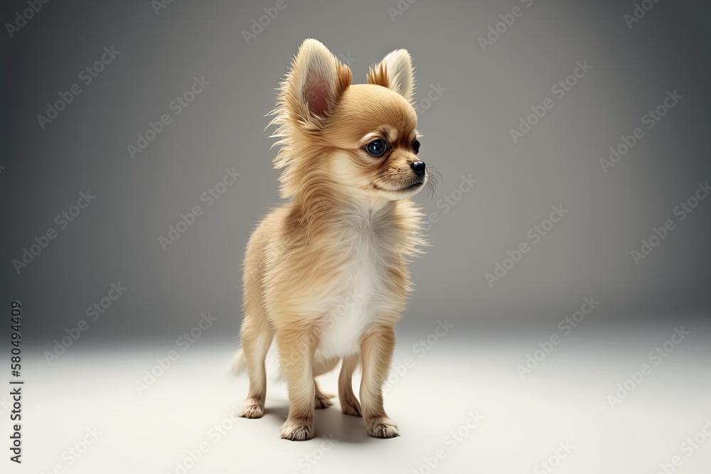 Seems afraid. Studio shot of a small golden chihuahua standing alone on a white studio background. A