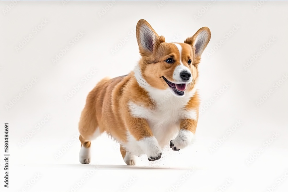 Corgi dog puppy, sweet and cute, walking on white background. Animal friend. Cute joyful dog. The id