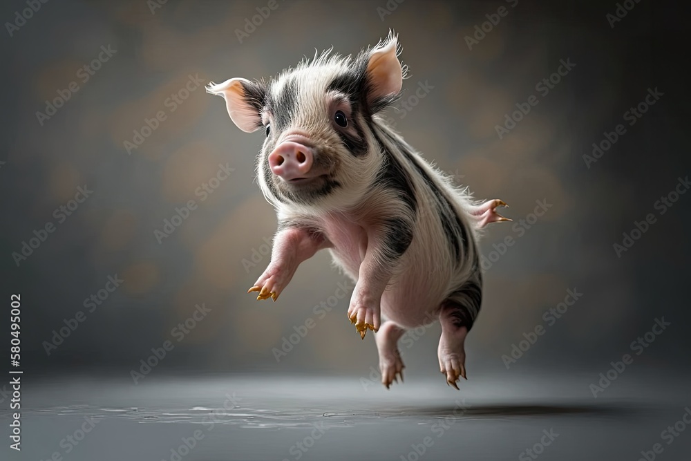 Cute jumping mini piglet piglet doing tricks playful grey background studio. Generative AI