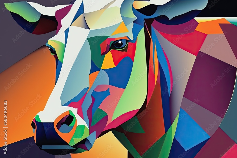 A bright and colorful abstract portrait of a cow in the style of Kandinsky and the Bauhaus art movem