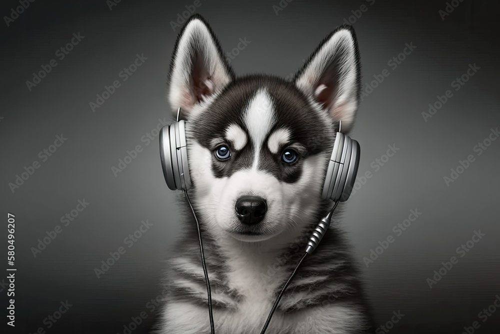 A picture of a young Husky wearing headphones against a gray background. Generative AI