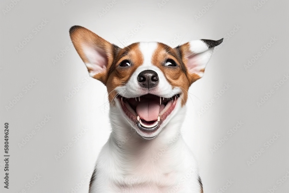 Adorable funny smiling dog. Background is white. Dont worry, and be happy. positive feelings and ac