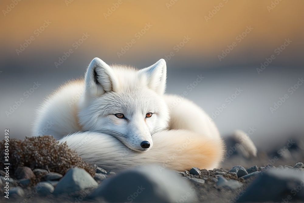 On the Arctic tundra, a white arctic fox (Vulpes Lagopus) is lying down. Fox Snow. Generative AI