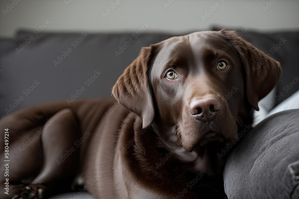 Portrait of a chocolate labrador retriever that is 18 months old and is lying on a grey sofa. Brown 