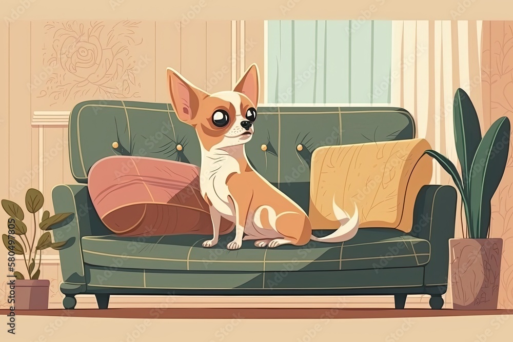 At home, a cute chihuahua is lying on the couch. Blank space. What animals do all day. Generative AI