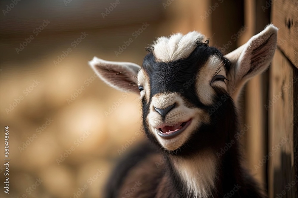 A cute picture of a small goat that looks happy and content. Generative AI