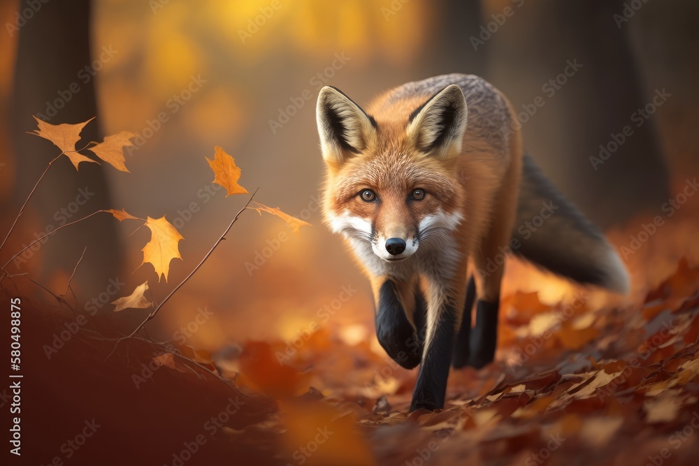 Red Fox, Vulpes vulpes, looking cute in the fall forest. Beautiful animal living in the wild. Scenes