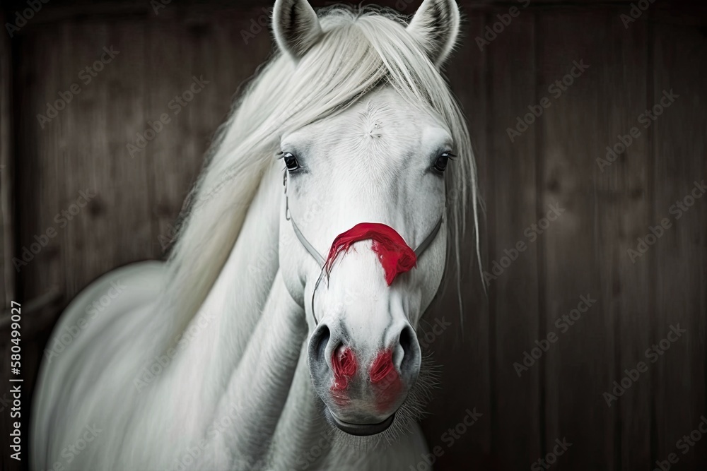 Beautiful white pony with kiss marks made by red lipstick on its face. Horse on valentines day. Gen