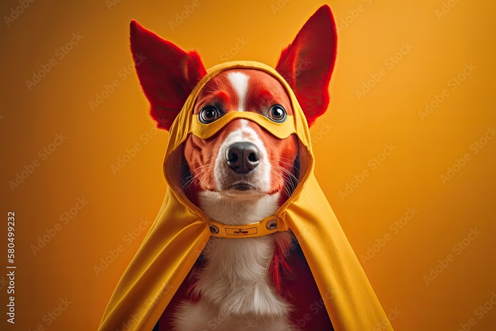 Adorable dog in a red cape and mask like a superhero on a yellow background. Generative AI