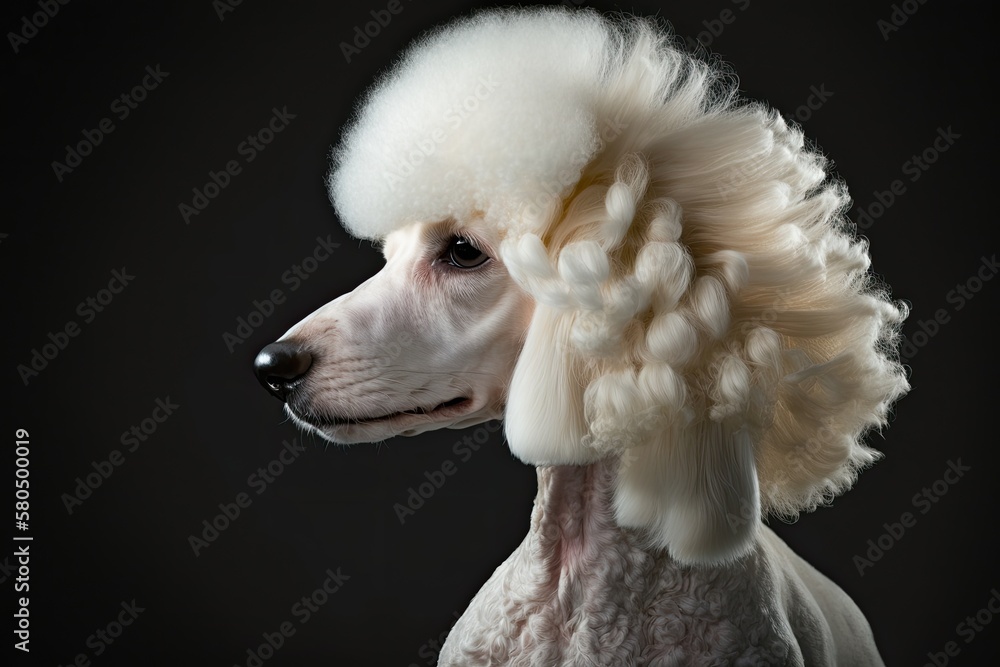 White Royal Poodle Dog Portrait with Hairstyle Profile view, looking at side, isolated on black back