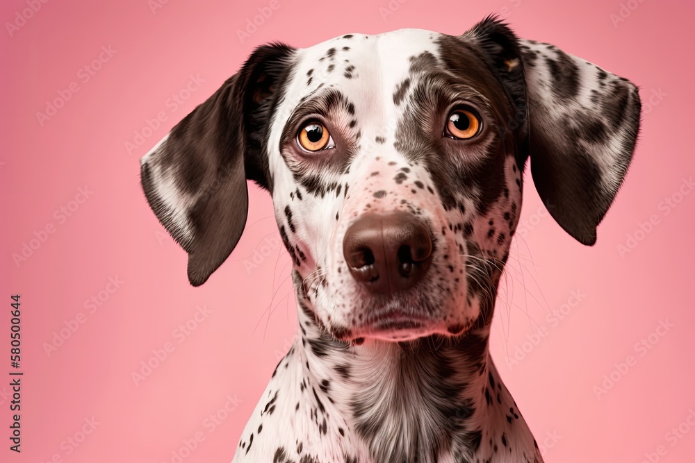 A photo of a beautiful dog breed on a pink background shows a portrait of the dog. shot studios . Cu