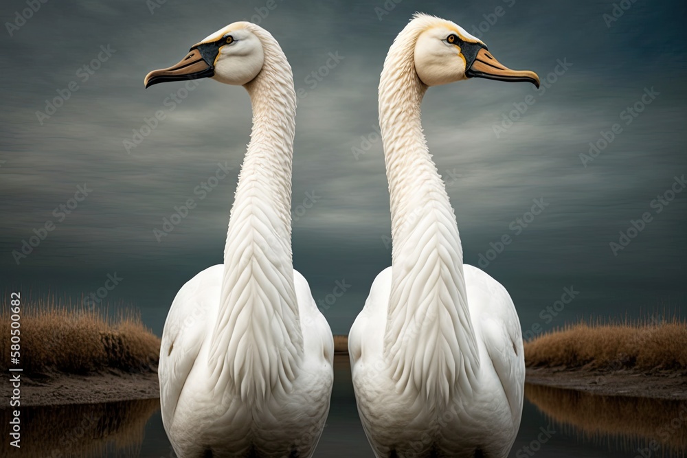 A beautiful picture of two Bewick Swans standing next to each other and looking in different directi