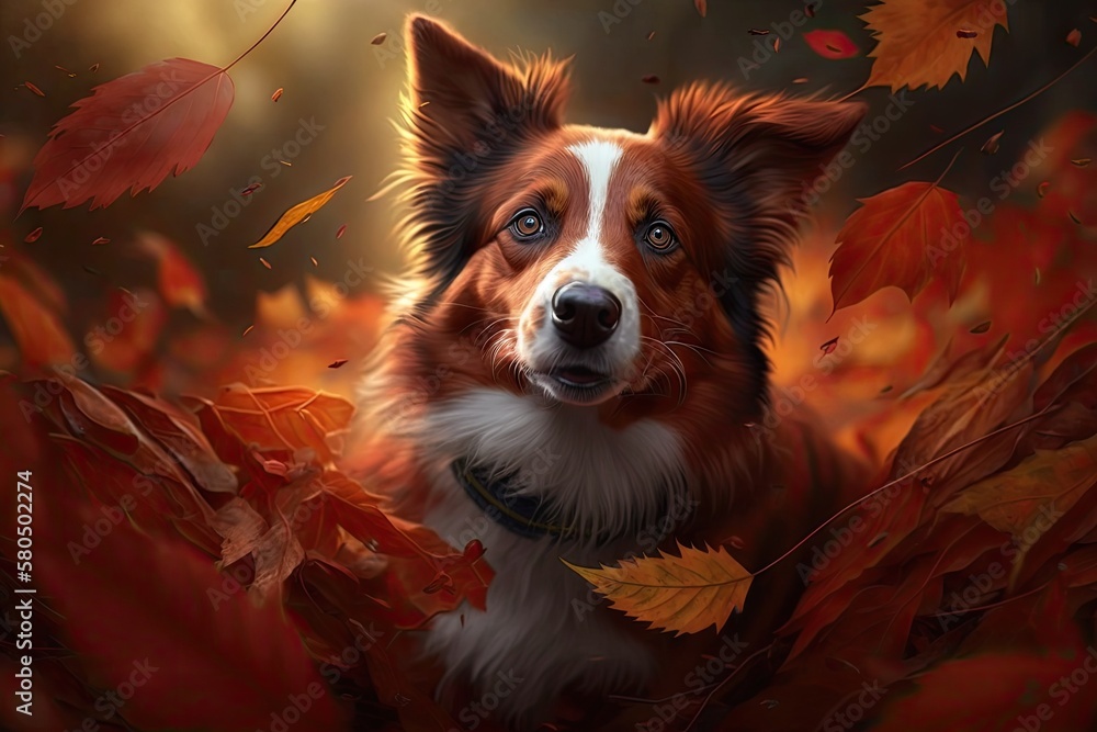 In the fall, a young red Border Collie dog plays with leaves. Generative AI