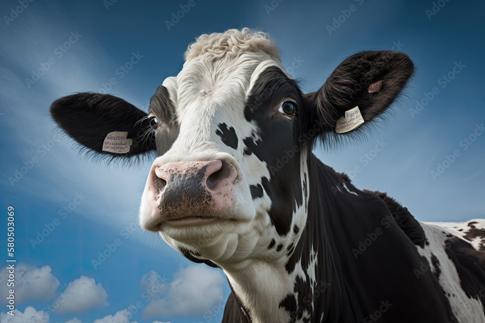 Cow looking friendly, portrait of a calm and mature bovine, gentle look, pink nose, medium shot of a