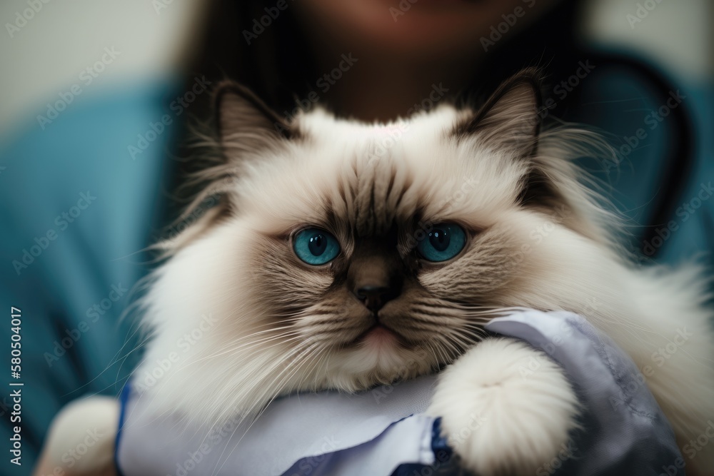 During a medical checkup at a vet clinic, a woman veterinarian held a fluffy ragdoll cat. Close up o