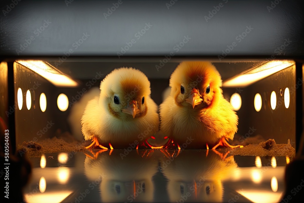 Broiler cross chickens in a brooder with food and water. Two chicks come into view. Depth of field i