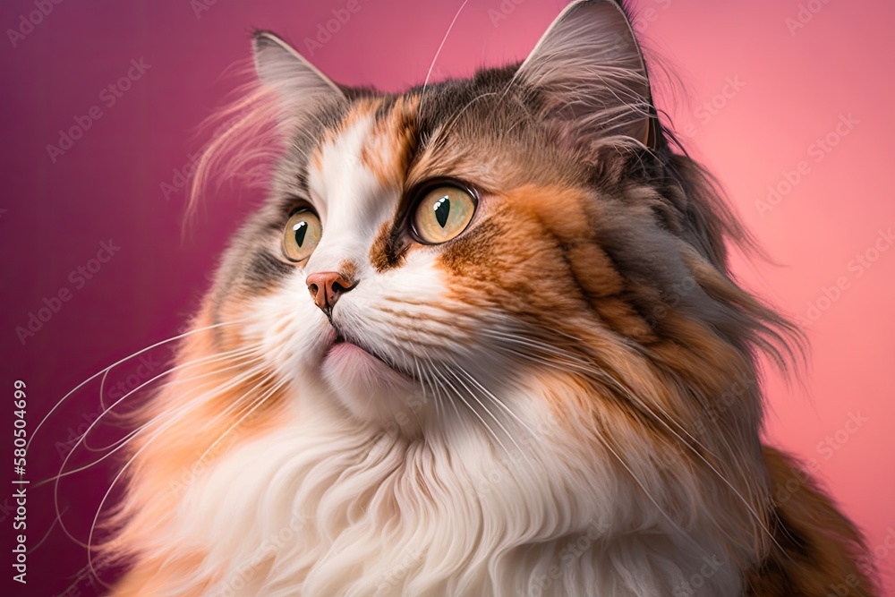 Pink background with a fluffy cat. A female calico or torbie cat with long hair looks up with an int