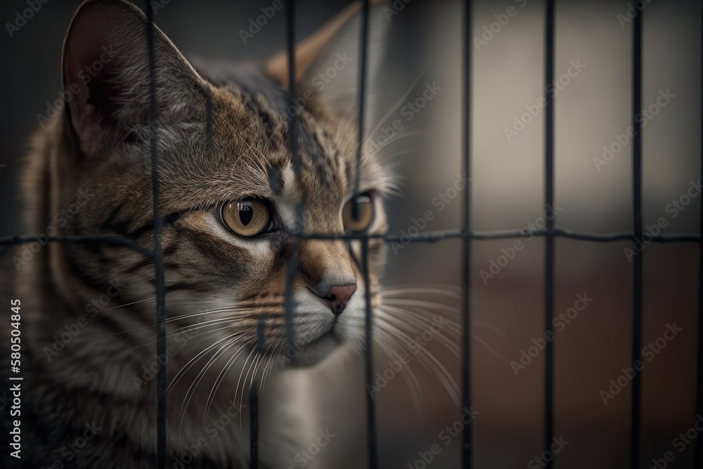 A picture of a sad, lonely stray cat at an animal shelter. Cat looking for a place to live for good.