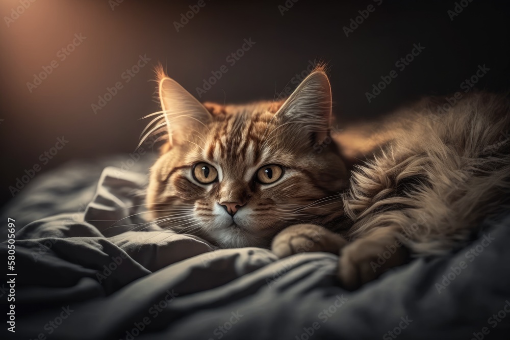 A picture of a cat. The cat is lying on the bed and looking at the camera. There isnt much light, a