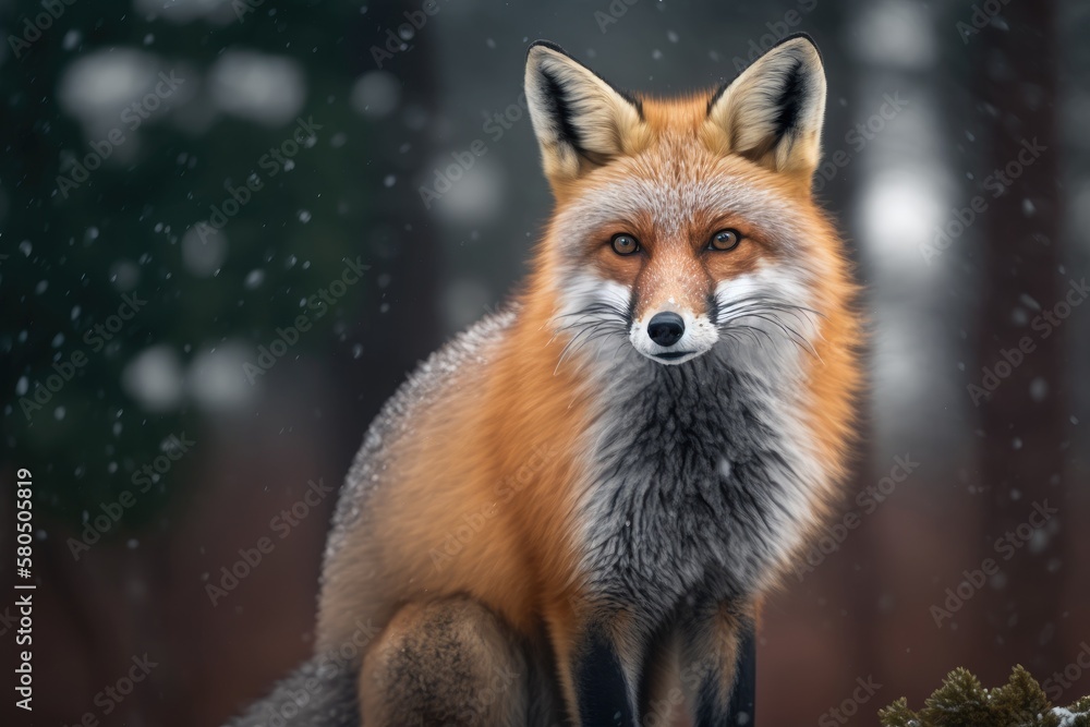 Red Fox Vulpes vulpes, sitting up at attention, looking straight into the camera, a little snow on i